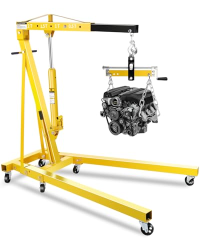 2 Ton Hydraulic Engine Hoist Crane with Lever, Folding Heavy-Duty Cherry Picker with 6 Locking Wheels & 4 Boom Positions, for Truck/SUV Engines, Garage Workshop, Industrial Lifting (Net Wt. 168 lbs)