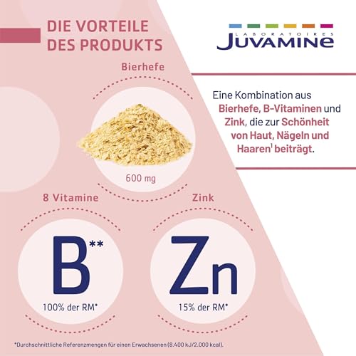 JUVAMINE - Bierhefe - Schöne Haut, Haare und Nägel - Vitalität - Vitamine B1, B2, B3, B5, B6, B8, B9 und B12 + Zink - 5-monatiges Programm - Optimierte Formel