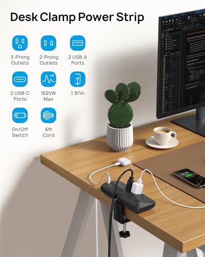 TROND Desk Clamp Power Bar Surge Protector with PD 20W USB C, 6 Outlets Desktop Charging Station, 6ft Flat Plug Extension Cord Indoor, Fit 1.97" Tabletop Edge, ETL Listed, Home Off image 3