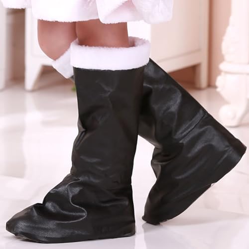 Children Christmas Santa 𝐂laus Boots Santa Wide Calf Black Boots White Plush Cuffs Foot for Christmas Cosplay4
