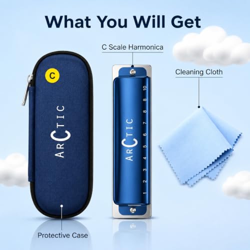 Image of ARCTIC C Key 10-Hole 20-Tone Premium Harmonica With Case & Cloth - Blue | Excellent Airtightness, Smooth Airflow, Easy Playability, Bright Clear Tone, ABS Comb, Brass Reeds, Beginner Friendly