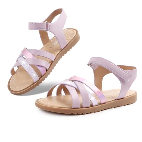 Wulubaba Sparkly Glitter Strap Girls Sandals for Toddler/Little/Big Kids - Adjustable Open Toe Lightweight Summer Shoes Cute Sandals for Beach School & Vacation(Light Purple Size 2)