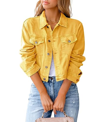 utcoco Women's Cropped Jean Jacket Long Sleeve Casual Button Down Denim Jacket (Small, Yellow)