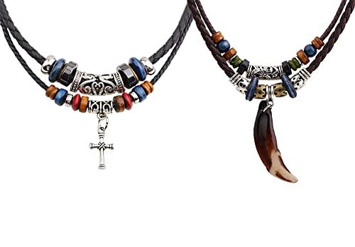 Image of Vintage Style Double Layers Braided Leather Tribal Necklace with Charm Cross and Teeth Pendant