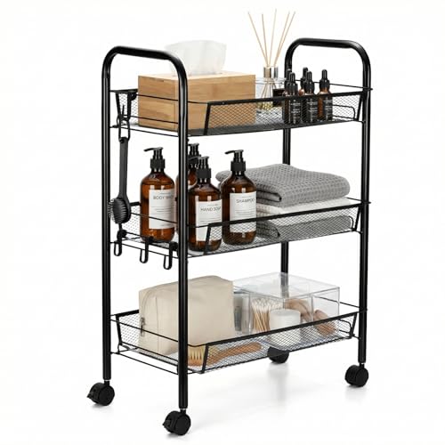 Romon Desserte À roulettes, Chariot de Rangement 3 Niveaux, Métal Antirouille, Panier en Maille Respirante, Idéal pour Cuisine & Salle De Bain, Noir