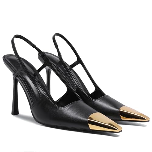 Black Slingback High Heels for Women Metal Pointed Toe Stiletto Heels Closed Toe Pumps Patent Leather Dress High Heels