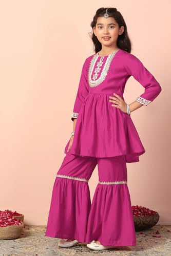 Image of Fashion Dream Girl's Chanderi Silk Ethnic Kurta and Sharara Set|Kids Salwar Suit Set|Sharara Set for Girls