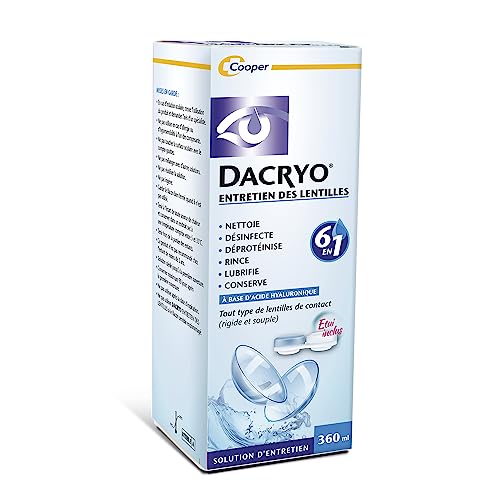 DACRYO - Solution d'entretien des lentilles 6 en 1 - Nettoie, désinfecte, déproténise, rince, lubrifie, conserve - Lentilles de contact - Acide Hyaluronique - Etui inclus - Flacon - 360 ml