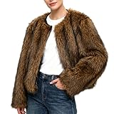 Amazhiyu Womens Faux Fur Coat with Pockets, Winter Long Sleeve Jacket Crew Neck Open Front Outwear Plush Warm Cardigan Coffee S