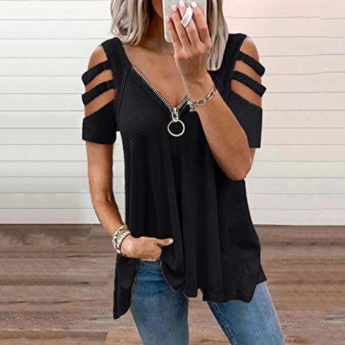 Cold Shoulder Tops Shirt For Women Leopard Print Cut Out Off-Shoulder Tshirt Sexy V Neck Zip Short Sleeve Tunic Blouse, Black #TOP1