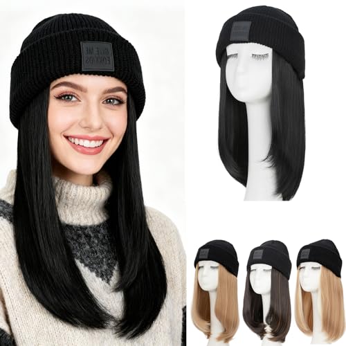 S-noilite Beanie Wig Hat with Hair Attached for Women Knitted