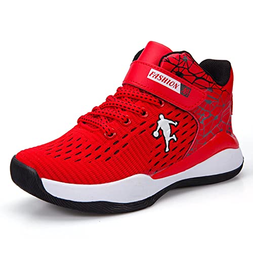 KONJACLY Chaussures De Basket-Ball pour Enfants, Baskets De Basket-Ball Hautes Chaussures De Tennis De Course Décontractées Légères Baskets De Sport De Jogging,Rouge,34 EU Cover