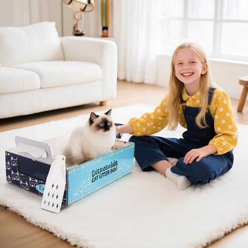 Hiceeden 8 Pcs Disposable Litter Box for Cats, 16.9" x 12.4" x 5.4" Travel Cat Litter Boxes with Disposable Scoops, Portable Cardboard Litter Box with Double Waterproof Coating, Blue — view 6