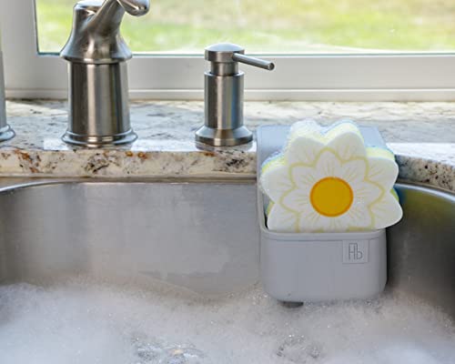 Image of Lil' Holster Mini (Stone with Flower Sponge) - Silicone Sponge Holder, Kitchen Organizer, Dishwasher Safe, Drains Sponges, Clings to Sink, Non-Porous Surface, Easy to Clean, 5.94 x 4.17 x 2.09 in