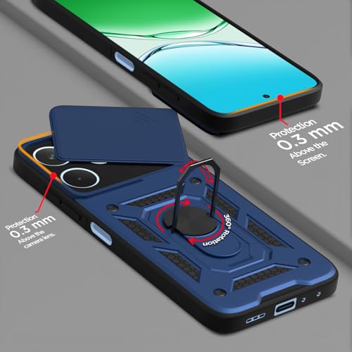 Image of Pikkme Back Cover for Oppo A5 Pro 5G | 360 Protection Case | Sliding Camera Shield Cover & Ring Holder Stand D10 Tough Armor Bumper Case (Blue)