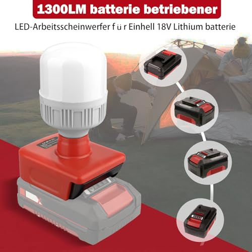 TPDL Akku Lampe für Einhell Power X-Change 18V, 12W Arbeitsleuchte mit E27 Bulbs, Einstellbares 150-1300LM LED Strahler, Einstellbare Helligkeit Taschenlampe Baustellenlampe