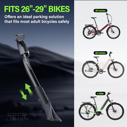 COCOLUMEN Bike Kickstand Side Mount - Durable Bicycle Kickstand for Mountain & Road Bikes - Adjustable with Wide Base Fits 26\"/29\" Wheels - Alloy Kickstand Supports 35kg - Rear Mount Bracket