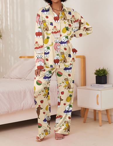 Ekouaer Womens Satin Silky Pajama Set 2 Piece Print PJs Soft Loungewear Button Down Sleepwear with Elastic Waist Long Pants