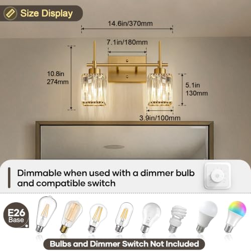 Image of Torondo Modern Crystal Bathroom Vanity Light 2-Lights Brushed Gold Bathroom Light Fixtures Over Mirror Brushed Gold Vanity Lighting Fixtures Square Shade Wall Sconce (Bulbs Not Include)