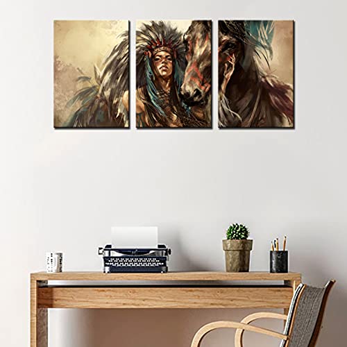 Tucocoo Native American Wall Art Decor Indian Chief Pictures Feathered Women With Horse Paintings 3 Piece Canvas Modern Artwork Home Decor For Living Room Wooden Framed Ready To Hang 42X20 Inches #TOP1