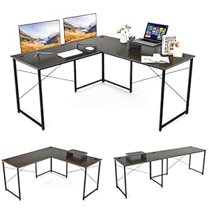 COSTWAY Bureau L-vorm, omkeerbaar hoekbureau met monitorstandaard, hoektafel met 3 kabelgaten, gaming computertafel, bureau voor thuiskantoor, 150 x 150 x 74 cm