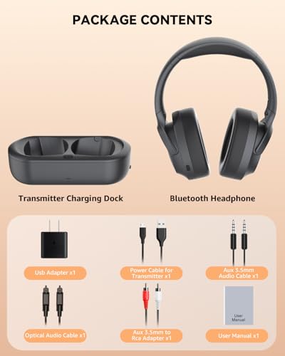 ANSTEN Wireless Headphones for TV Watching with Digital Optical RCA AUX 3.5 MM Transmitter Charging Dock, Over Ear Headset for Seniors, Bluetooth Headphones No Delay, 30 Hrs Playtime, Plug and Play