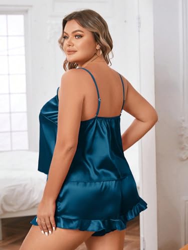 Image of SOLY HUX Women's Plus Size Silk Satin Pajama Set Cami Top and Ruffle Hem Shorts Lounge Sleepwear Pure Teal Blue 2XL