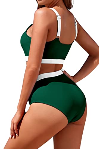 Image of Womens High Waisted Bikini Sets Sporty Crop Top Color Block Swimwear Bandeau Scoop Neck Vintage Two Piece Bathing Suits