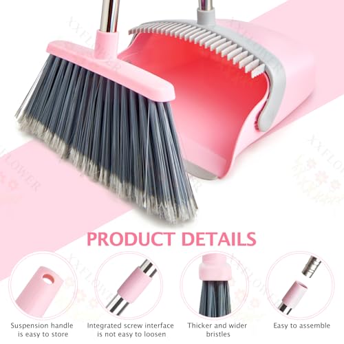 Image of Broom and Dustpan Combo Set,51 inch Long Handle,Gray Pink