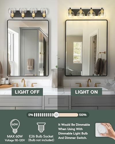 Image of Bathroom Light Fixtures, 4-Light Black and Gold Bathroom Vanity Light, 26 Inch Modern Wall Sconces with Globe Clear Glass Shade, Vanity Lighting Fixtures Over Mirror, VL195-KG-4