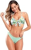 SHEKINI Damen Zweiteiliger Badeanzug U-Ausschnitt Knoten Cutout Verstellbare Rückenfrei Bikinioberteil Bikini Set Triangel Gedruckt Bikinihose Bademode(L,Grün-Zitrone)