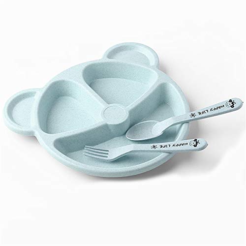 Limeow Stoviglie per Bambini con Piatto a Scomparti Paglia di Grano Sano Piatti Set di Piatti in Vassoio a Scomparti con Cucchiaio e forchetta per seggiolone per Bambini Neonati (Blu)