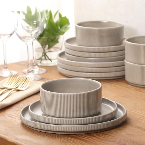 Gibson Elite Avant-Garde 12 Piece Stoneware Dinnerware Set for 4, Chateau Grey Plates and Bowls Set with Reactive Glaze, Includes Dinner Plates, Salad Plates and Bowls by Gibson Elite - Used condition - Image 7
