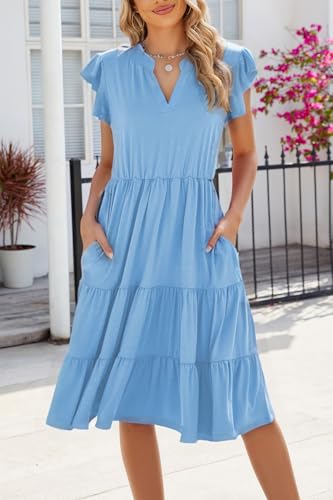 Image of Womens Summer Dress Ruffle Sleeve V Neck Midi Dresses Casual Fit Flowy Tiered Boho Beach Vacation Sundress