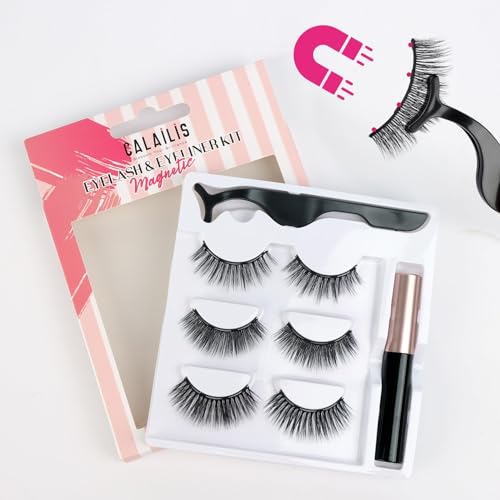Image of CALAILIS Magnetic False Eyelash and Magnetic Eyeliner Kit, Eye Makeup Waterproof Liquid Eye Liner, 3D Faux Mink Lashes Natural Reusable Lashes 3 Pairs, Free Applicator(CY01)