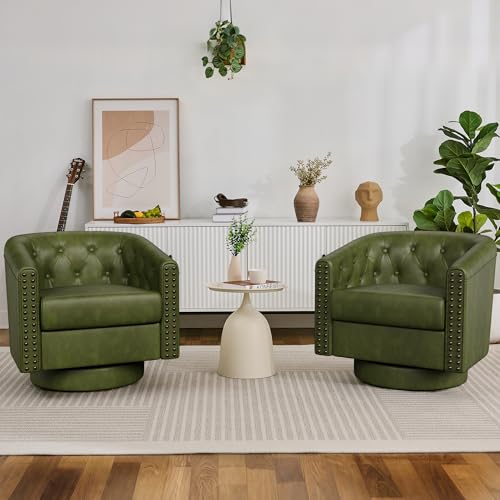 Image of Swivel Barrel Accent Chairs Set of 2,Round Nailhead Faux Leather Living Room Arm Chairs,Modern Upholstered Comfty Reading Chairs for Bedroom,Small Club Armchair,Sofa Side Chairs,Olive Green