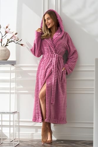 L&L Bademantel Damen lang mit Kapuze I flauschiger Morgenmantel Damen extra lang bis Knöchel – Hausmantel Damen kuschelig warm – Bademäntel für Frauen große Größen aus 100% Polyester (Fuchsia, S)