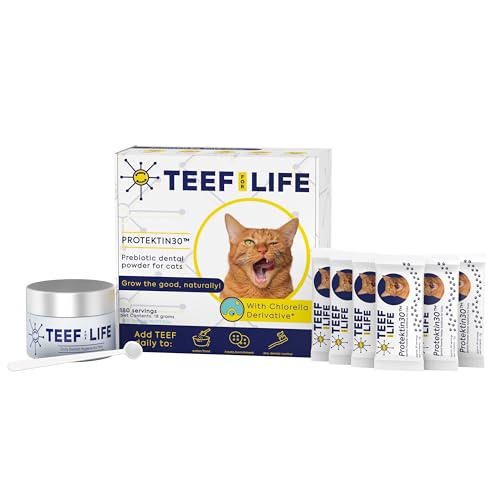 TEEF for Life Protektin30 Prebiotic Dental Powder for Cats, Plant-derived, Clinically-Proven Formula Naturally Fights Bad Breath, Plaque, and Tartar, Dental Kit with 180 Servings (6 Packets)