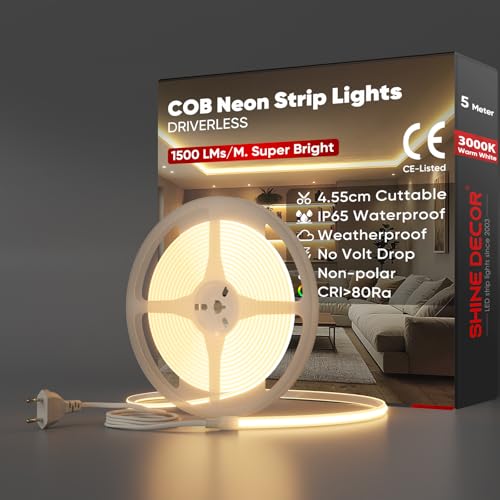 Shine Decor COB-ledstrip, 5 m, AC 220 V, 230 V, IP65 waterdicht, SMD2025, 286 leds/m, ultrahoge helderheid, lichtstrip voor woondecoratie, keuken, tuin, led-verlichting (5 m, warmwit)