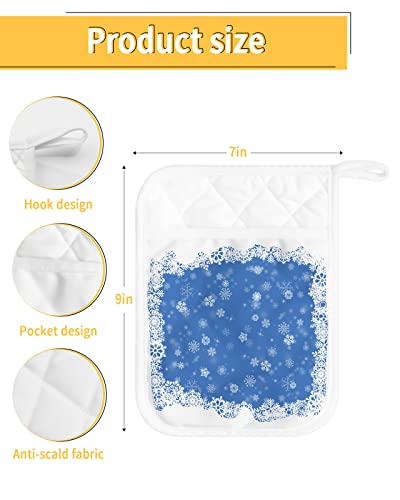 2 Pack Pocket Pot Holders, Christmas Snowflake Hot Pads For Kitchen Heat Insulation Potholders, Xmas Winter Snowflake Blue Pot Holder Oven Mitts Hot Pad Trivet For Baking Cooking 9"X7" #TOP2