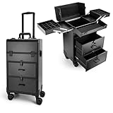 Yokilly Rolling Makeup Train Case, Professional Cosmetology Case on Wheels, Aluminum Cosmetic Trolley Travelling Cart Trunk with Swivel Wheels, Sliding Drawer & Keys for Nail Technician Stylist(Black)