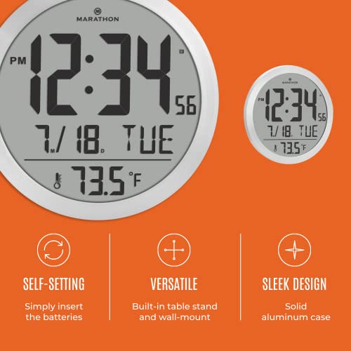 Marathon 15” Round Digital Wall Clock, Stainless Steel - Large, Easy-To-Read Display - Am/Pm Or 24-Hour Time, Eight Time Zones, Indoor Temperature, Date #TOP2