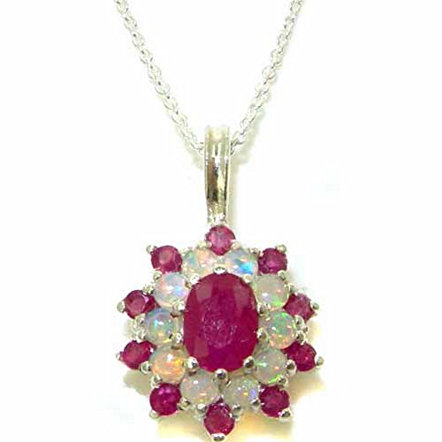 LetsBuySilver Ladies Solid 925 Sterling Silver Ring, Ornate Vibrant Natural Ruby & Opal 3 Tier Cluster Pendant Necklace