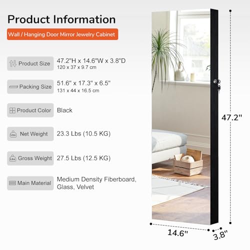 GISSAR Full Length Mirror Jewelry Cabinet, 6 LEDs Jewelry Armoire Wall Mounted Over The Door Hanging, Jewelry Organizer Storage with Lights Lockable, Black, 14.6" x 47.2" by GISSAR - Used condition - Image 4
