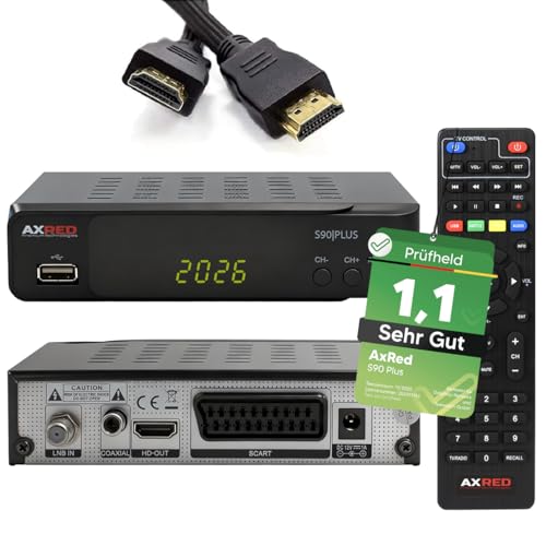 [ Test SEHR GUT, Note 1.1 *] AXRED S90 Plus Sat Receiver + HDMI Kabel, mit Aufnahmefunktion, HD fähig, Digital Sat-Receiver für Satellitenschüssel Satelliten Satellit Fernseher, HD-Receiver, HDMI