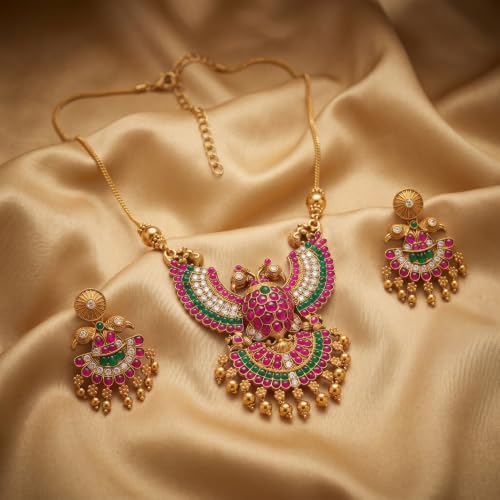 Image of Traditional Gold-Plated Lakshmi Temple Pendant Necklace Set for Women | Antique South Indian Jewelry with Jhumka Earrings | Ethnic Bridal, Wedding & Festive Jewelry Set
