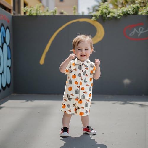 Toddler Baby Boy Halloween Outfit Pumpkin Cotton Linen Button Down Short Sleeve Shirt and Shorts 2 Piece Clothes Set4