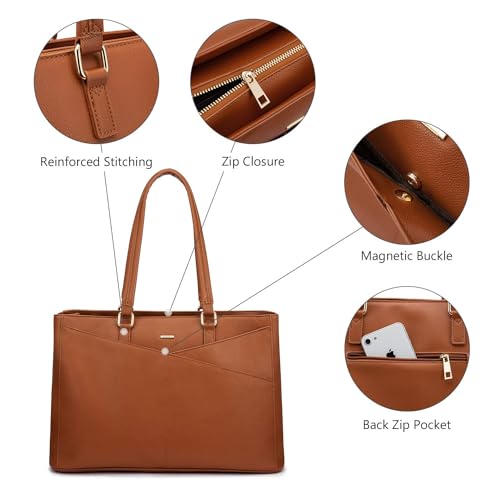 Image of LOVEVOOK Laptop Bag for Women 17.3 Inch Tote Bags Waterproof Leather Briefcase Computer Women Business Office Work Bag,Brown