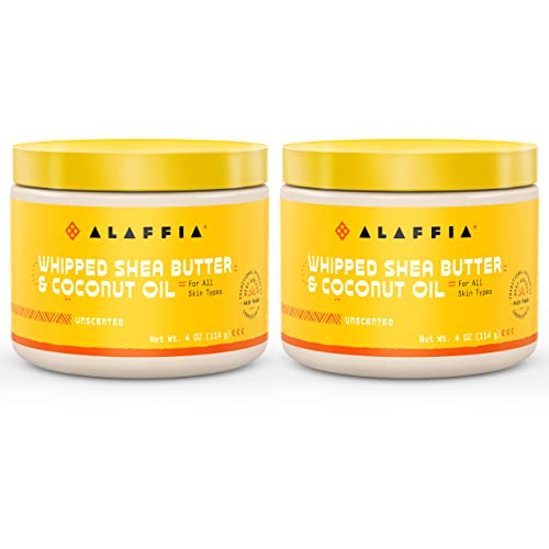 Image of Alaffia Whipped Shea Butter & Coconut Oil, Skin Care and Hair Care, Nourishing Moisturizer Improves Elasticity and Repairs with Vitamin E, Unscented, 2 Pack - 4 Oz Ea