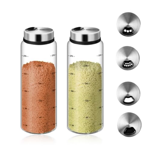 300 ml tarros de especias con tapa giratoria: 2 tarros de especias, con 3 tipos de agujeros para especias, vidrio de borosilicato, especiero de cristal, tarros grandes para la cocina, cocina, barbacoa